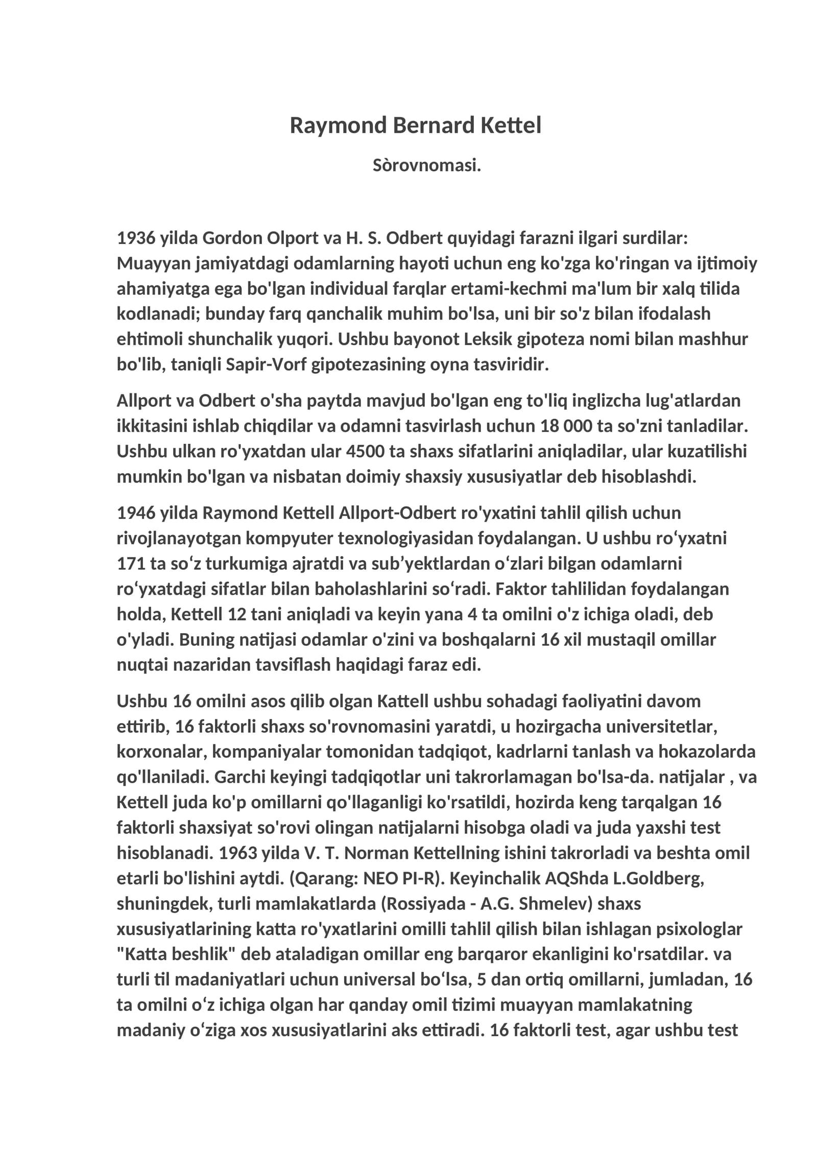 Raymond Bernard Kettel Sòrovnomasi