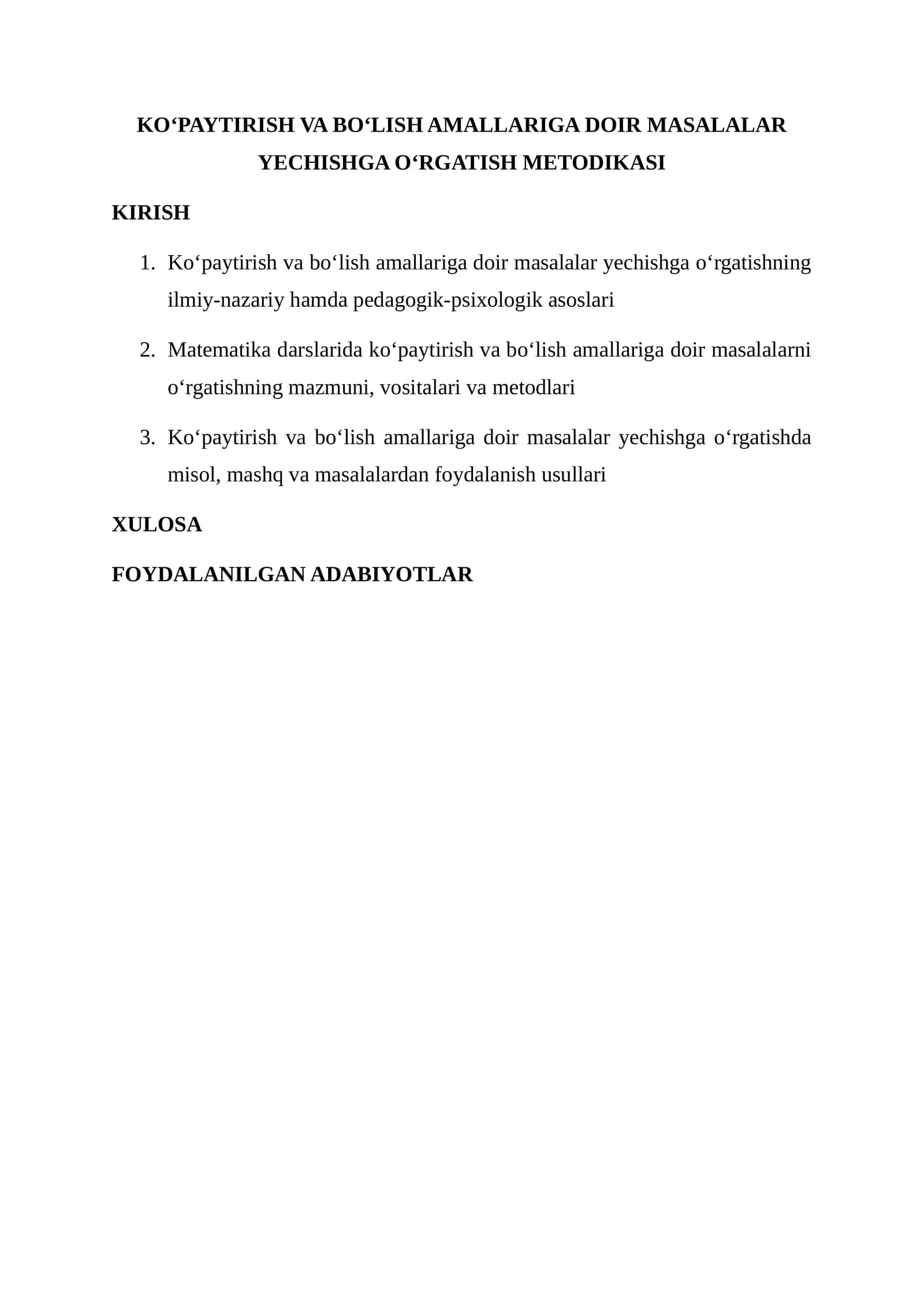 Ko‘paytirish va bo‘lish amallariga doir masalalar yechishga o‘rgatish metodikasi