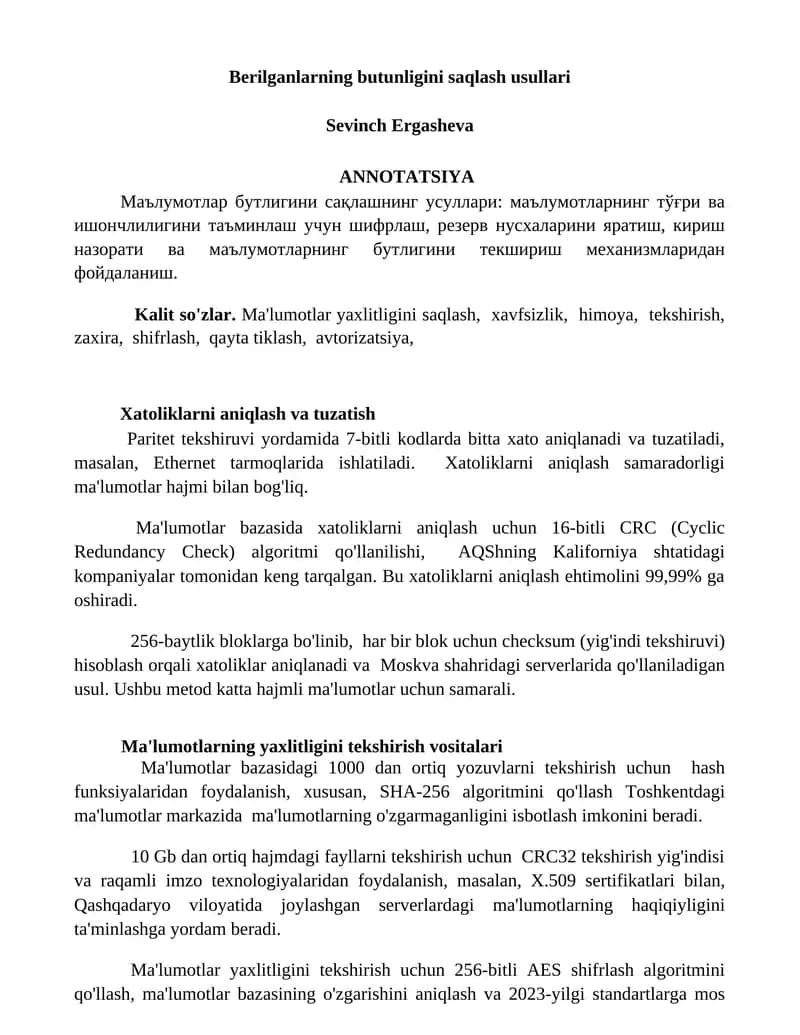 Ma'lumotlarning butunligini saqlash usullari