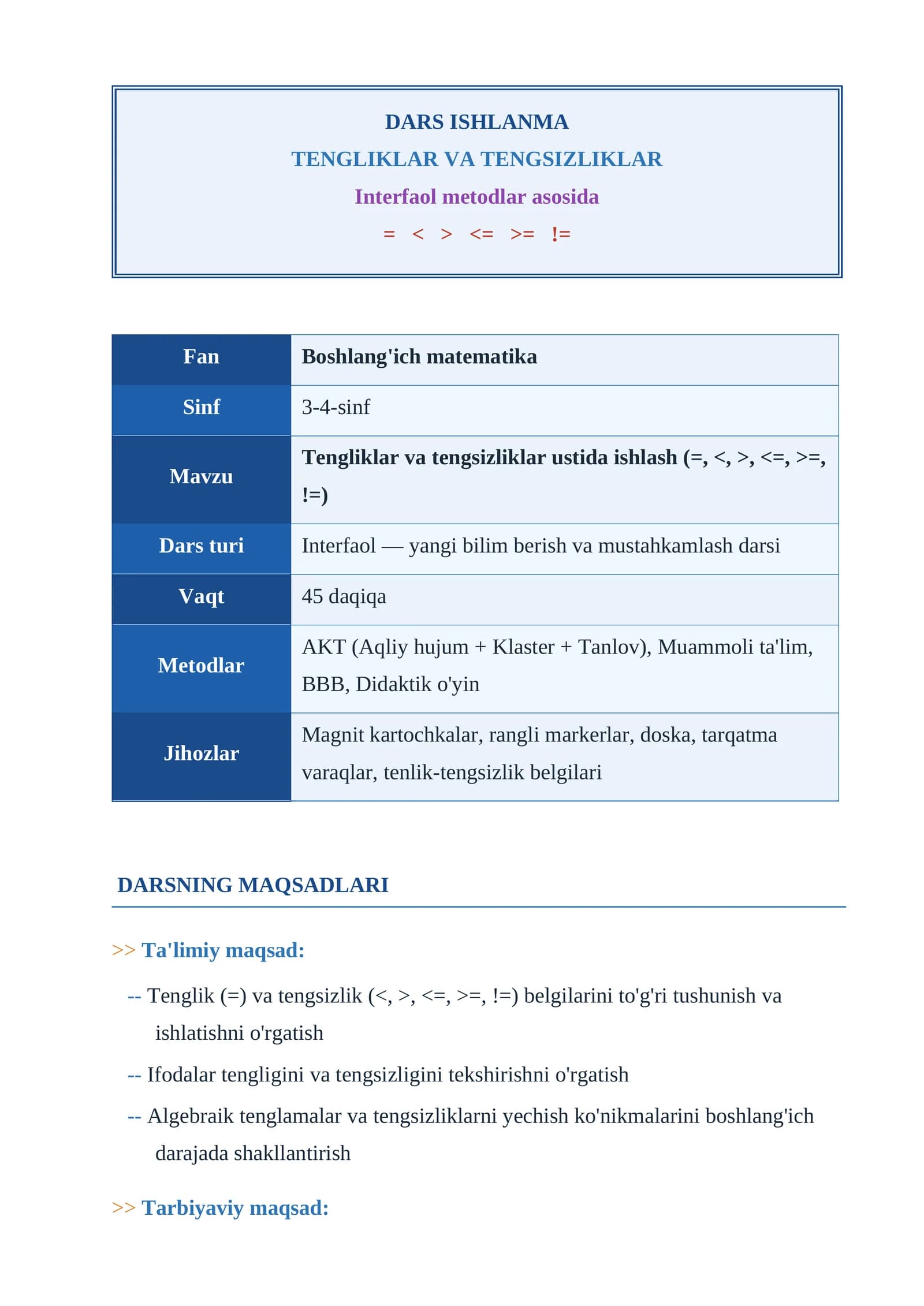 TENGLIKLAR VA TENGSIZLIKLAR   dars ishlanma