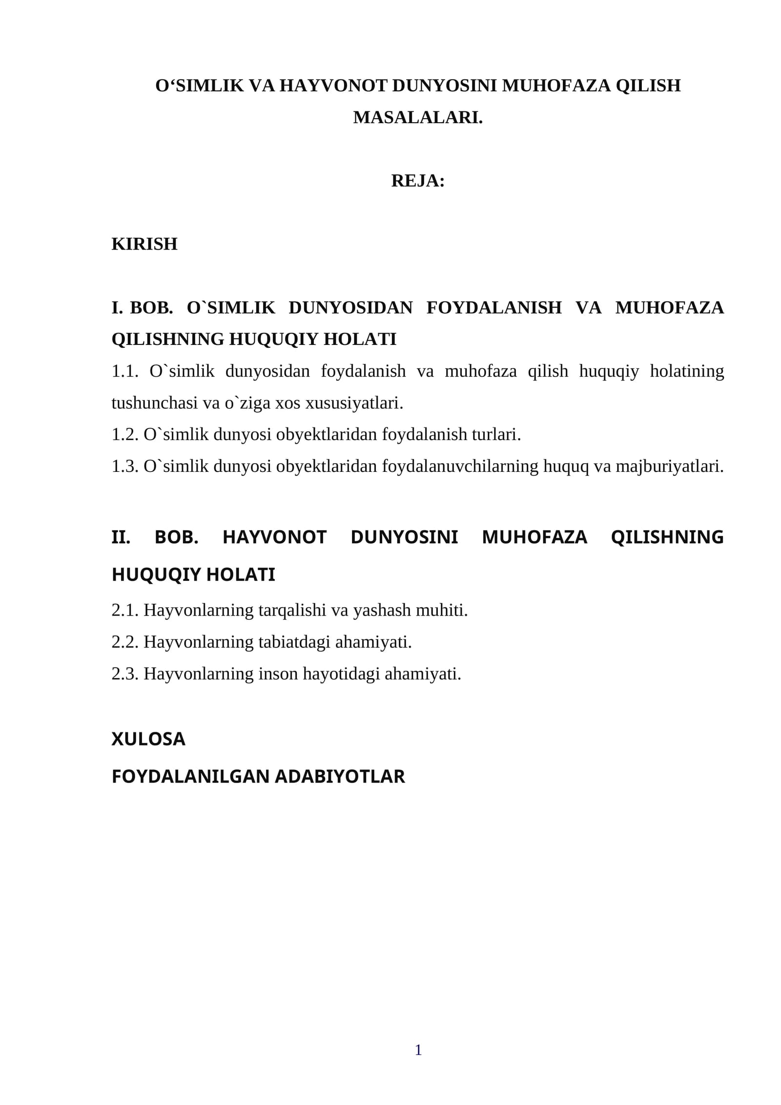 O‘simlik va hayvonot dunyosini muhofaza qilish masalalari