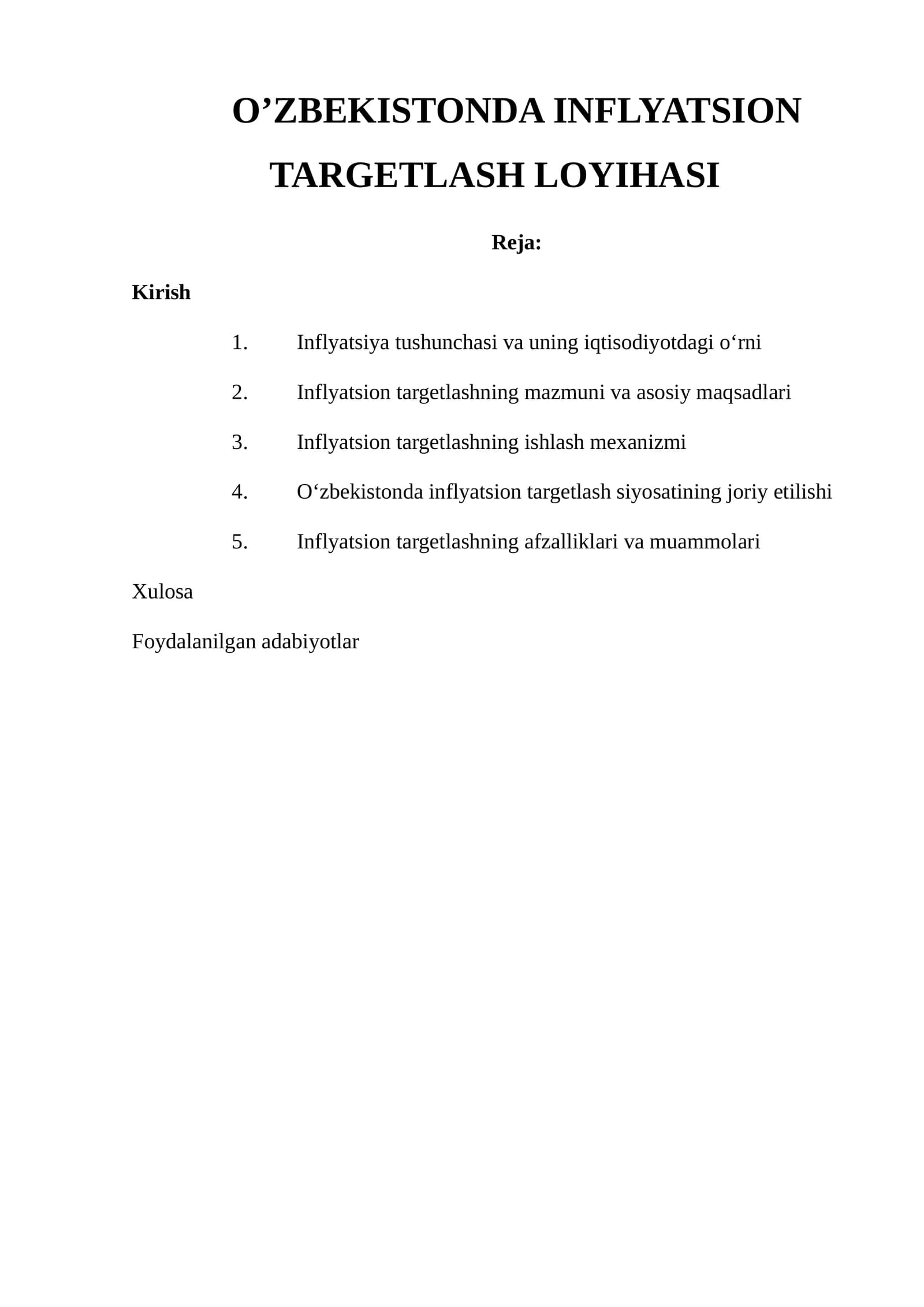 O'ZBEKISTONDA INFLYATSION TARGETLASH LOYIHASI
