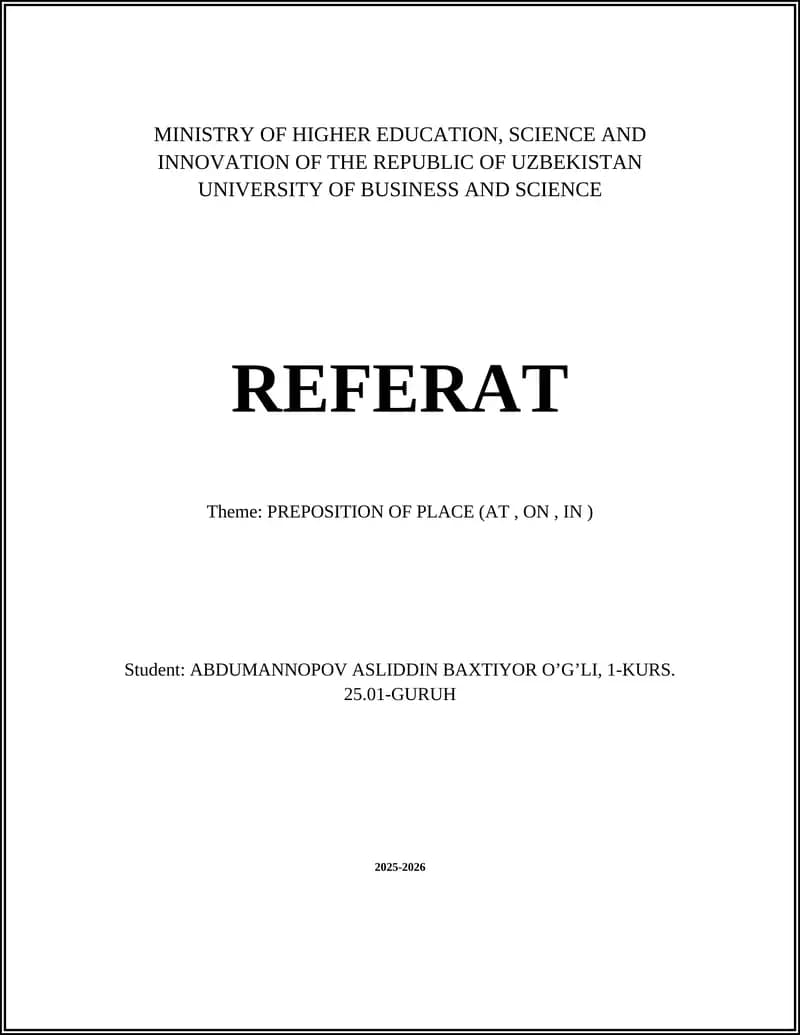 PREPOSITION OF PLACE (AT, ON, IN )
