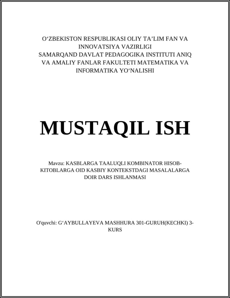 KASBLARGA TAALUQLI KOMBINATOR HISOB-KITOBLARGA OID KASBIY KONTEKSTDAGI MASALALARGA DOIR DARS ISHLANMASI