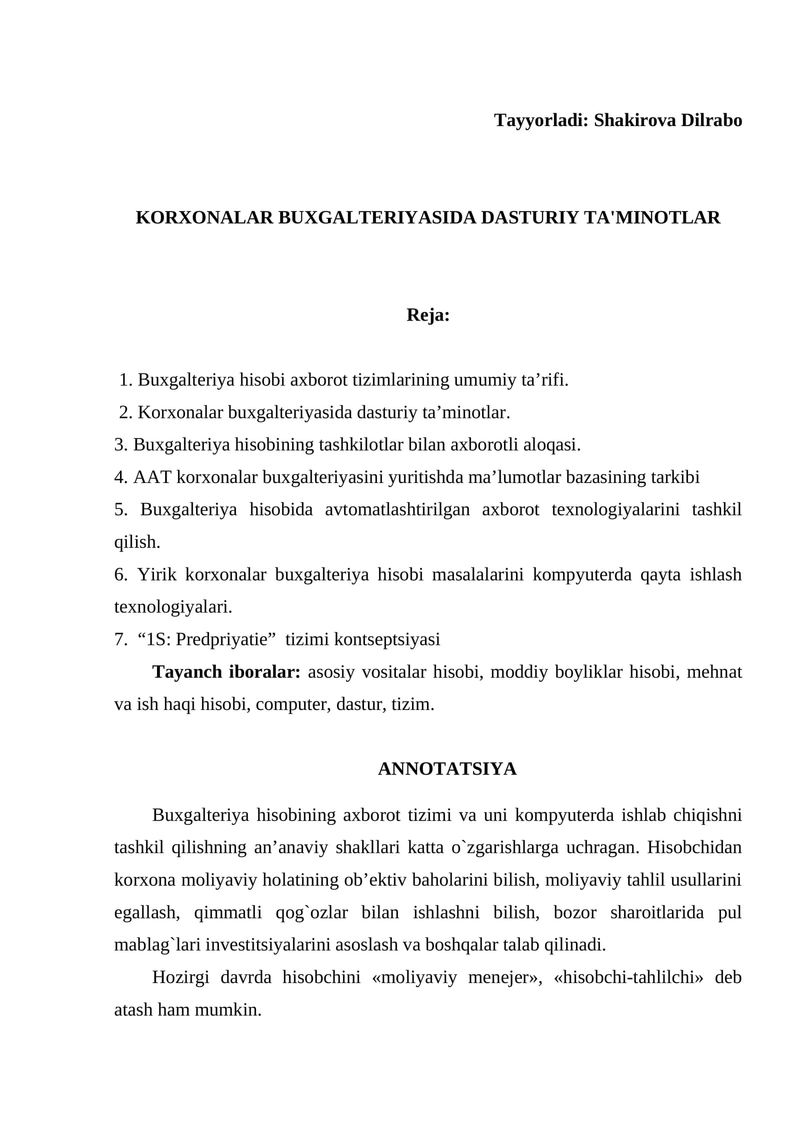 Korxonalar buxgalteriyasida dasturiy ta'minotlar