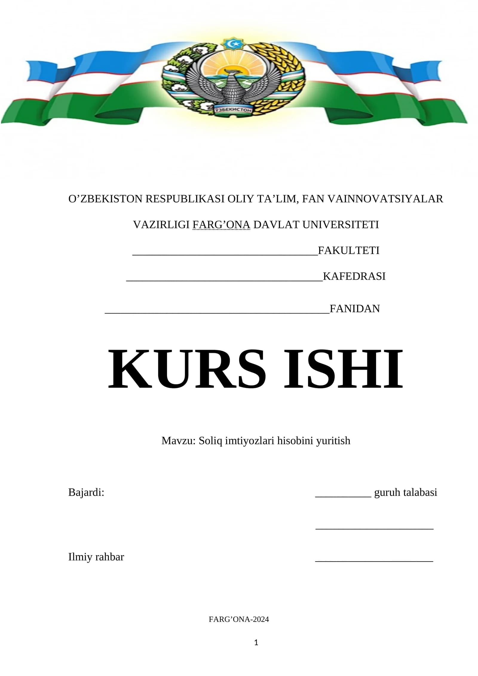 Soliq imtiyozlari hisobini yuritish kurs ishi