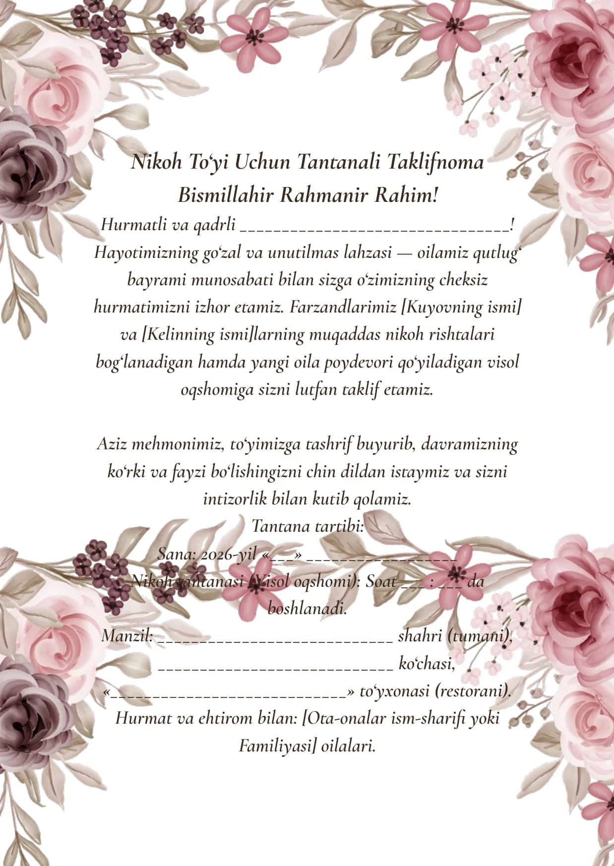 NikohTo‘yi Uchun Tantanali Taklifnoma