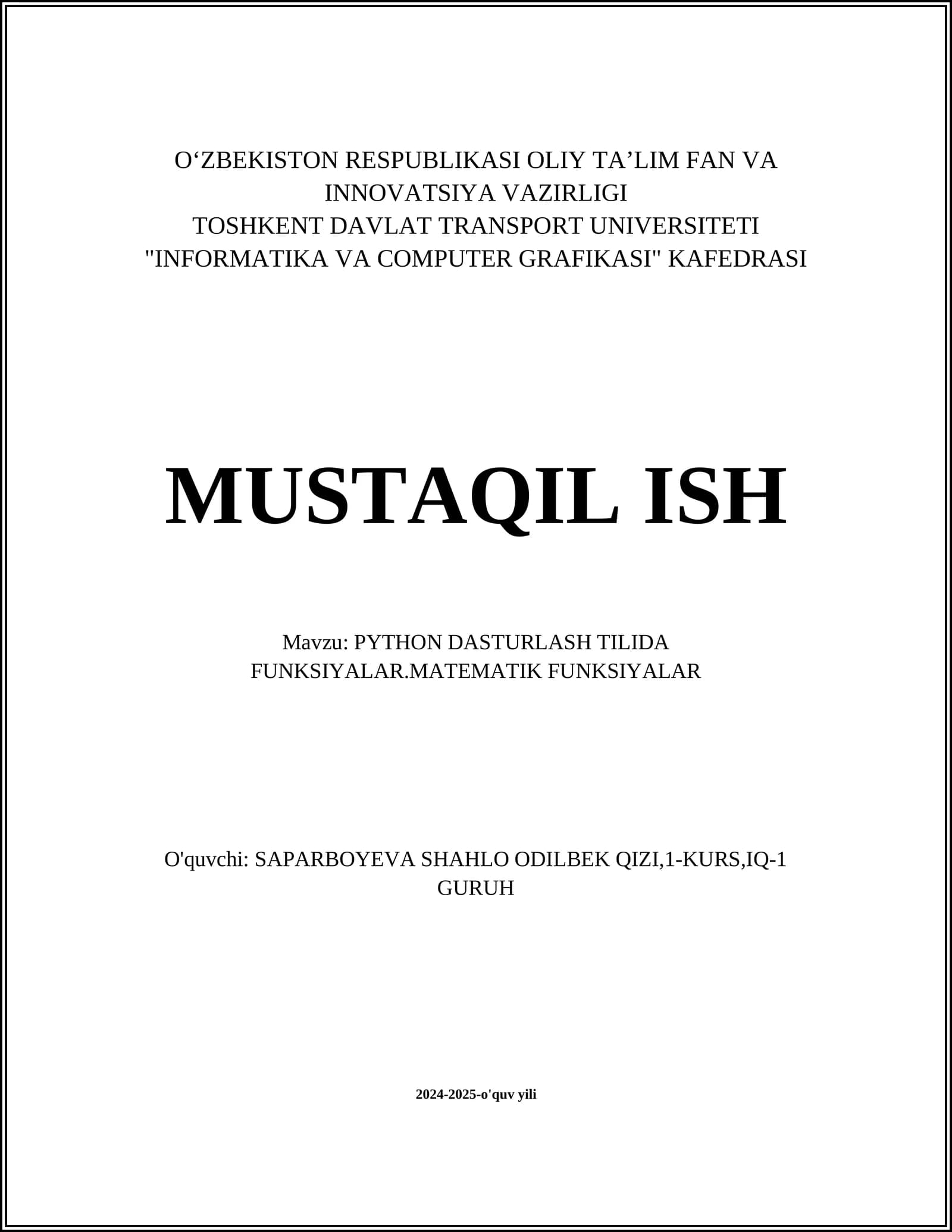 PYTHON DASTURLASH TILIDA FUNKSIYALAR.MATEMATIK FUNKSIYALAR