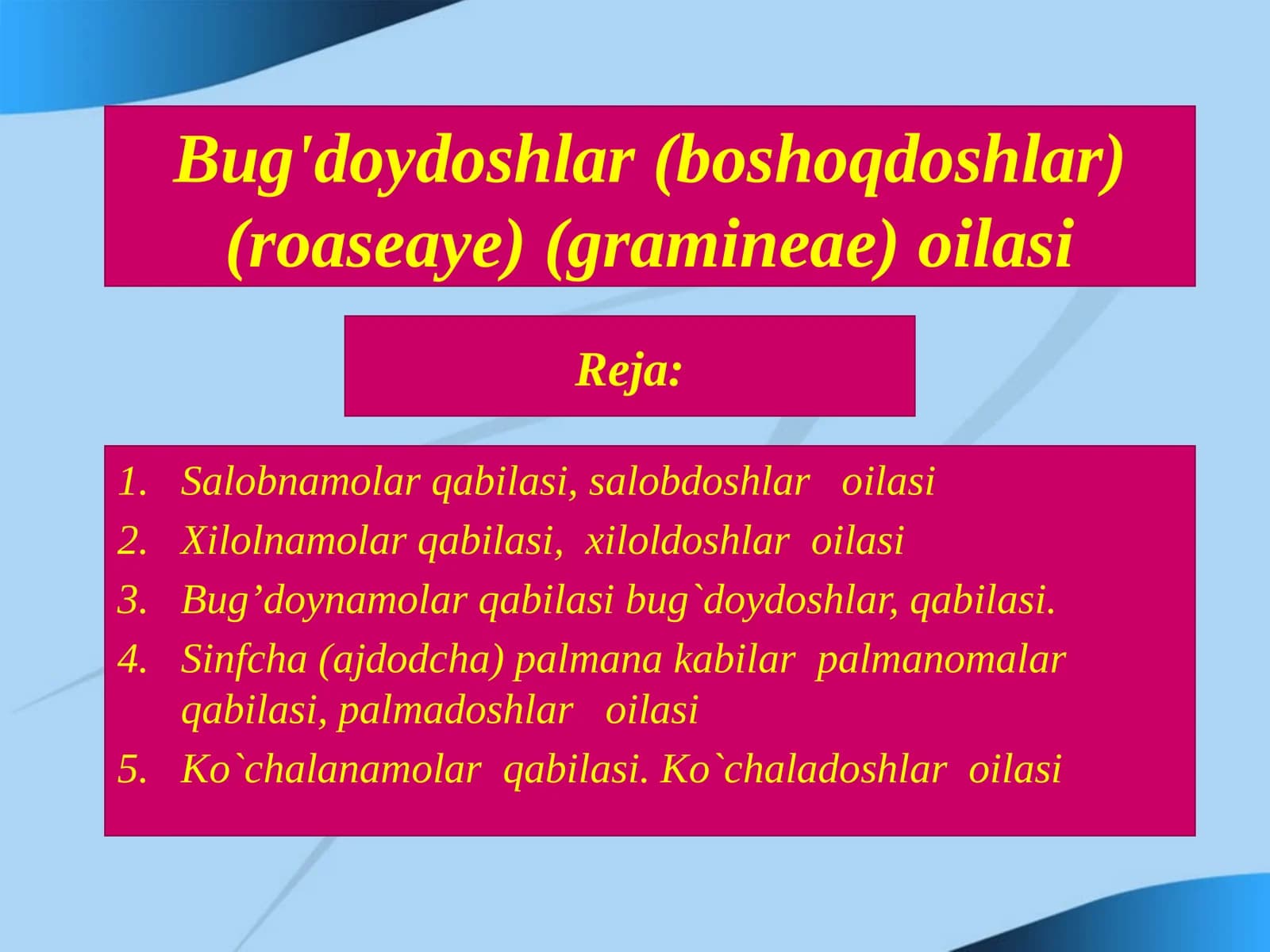 Bug'doydoshlar (boshoqdoshlar) (roaseaye) (gramineae) oilasi