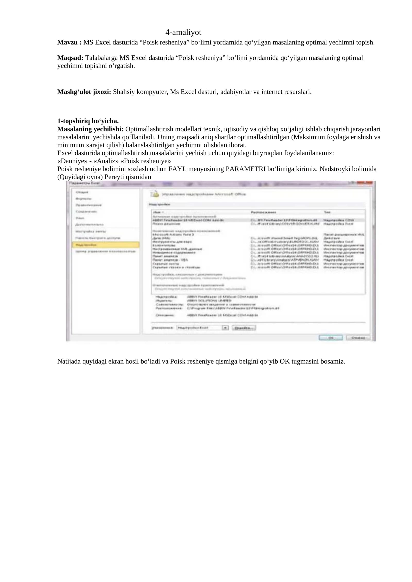 MS Excel dasturida “Poisk resheniya” bo‘limi yordamida optimal yechimni topish bo'yicha amaliy ish