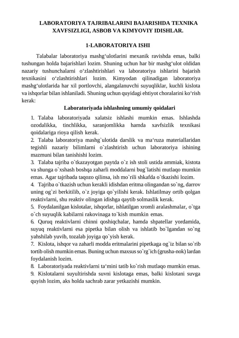 LABORATORIYA TAJRIBALARINI BAJARISHDA TEXNIKA XAVFSIZLIGI, ASBOB VA KIMYOVIY IDISHLAR