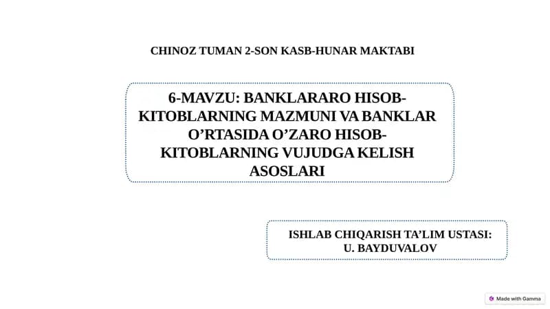 Banklararo hisob-kitoblarning mazmuni va banklar o’rtasida o’zaro hisob-kitoblarning vujudga kelish asoslari.