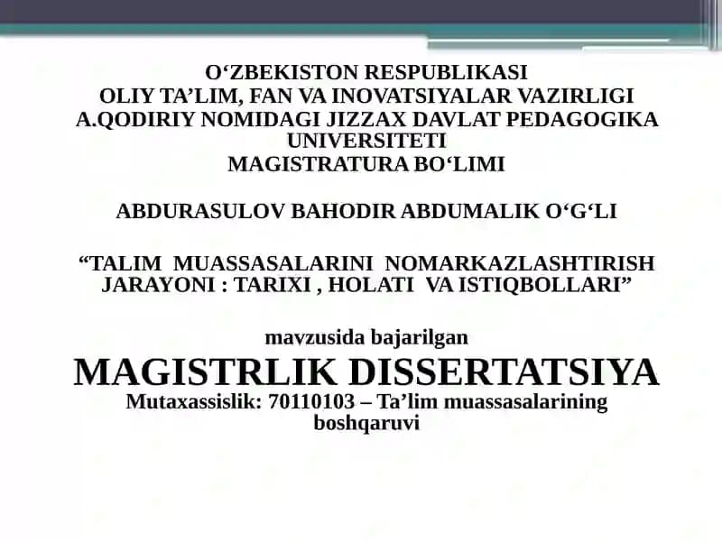 "TALIM MUASSASALARINI NOMARKAZLASHTIRISH JARAYONI: TARIXI, HOLATI VA ISTIQBOLLARI"