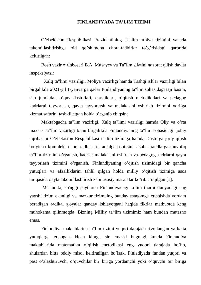 Finlandiyada Ta'lim Tizimi