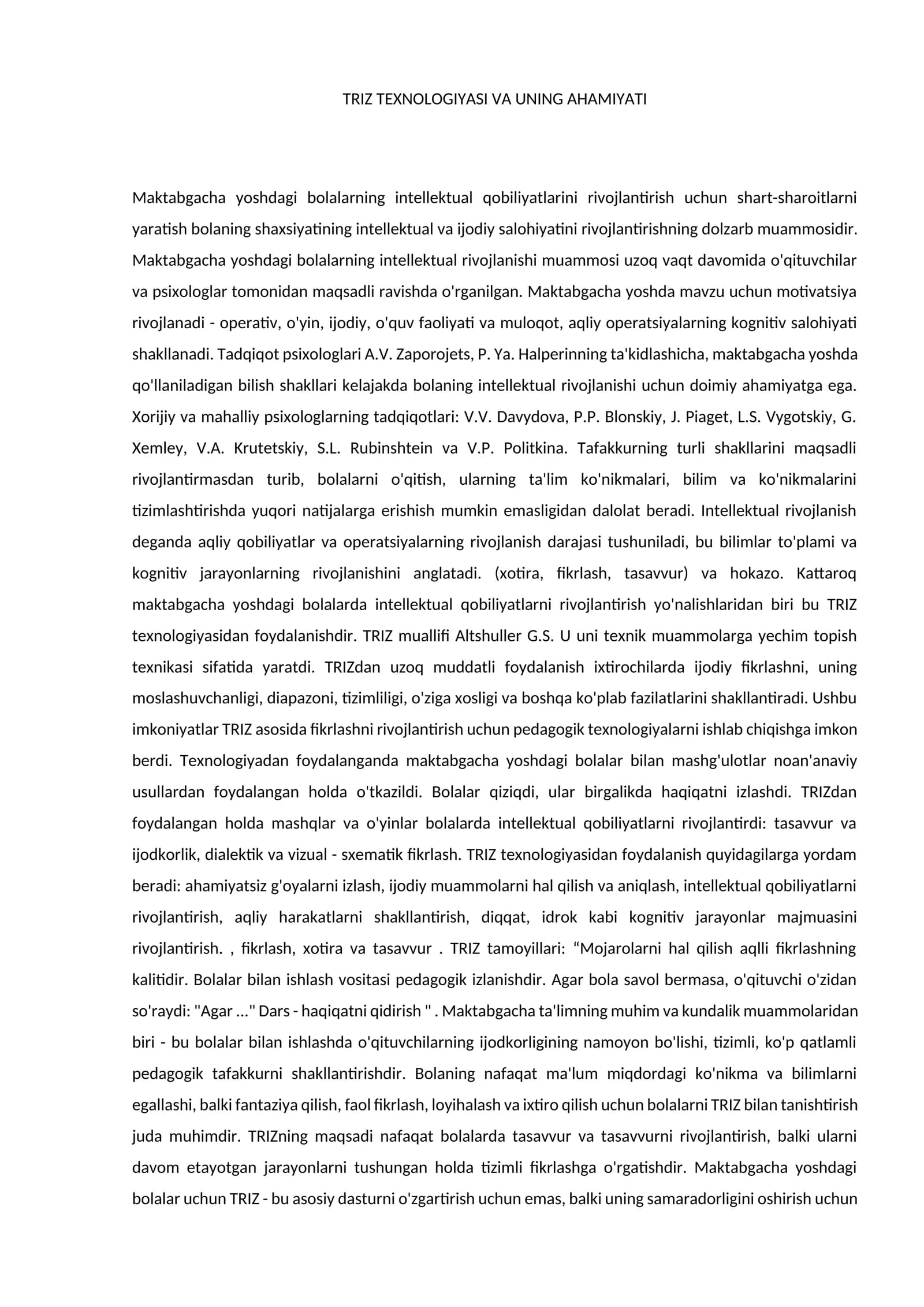 TRIZ TEXNOLOGIYASI VA UNING AHAMIYATI