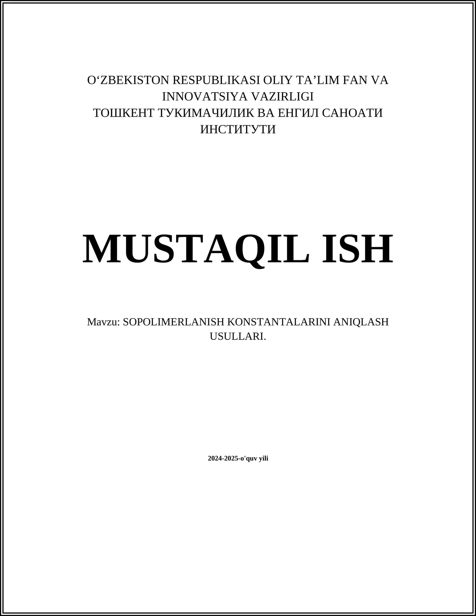 SOPOLIMERLANISH KONSTANTALARINI ANIQLASH USULLARI