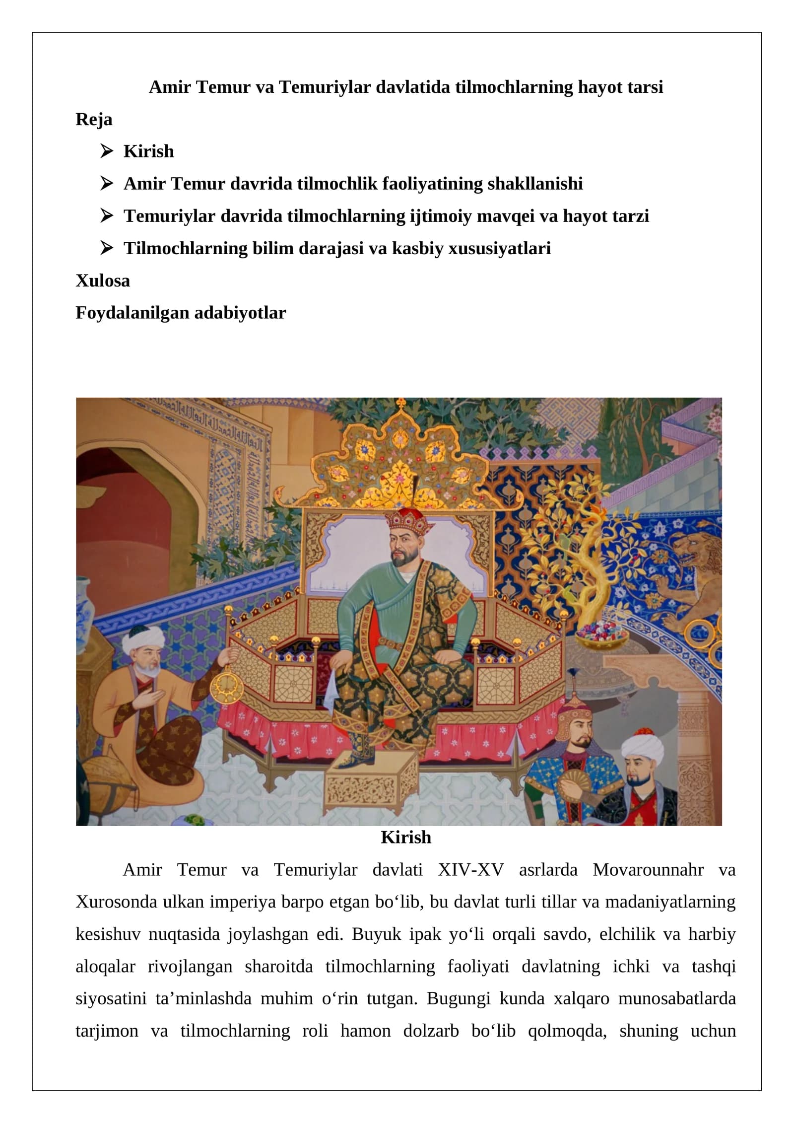 Amir Temur va Temuriylar davlatida tilmochlarning hayot tarsi