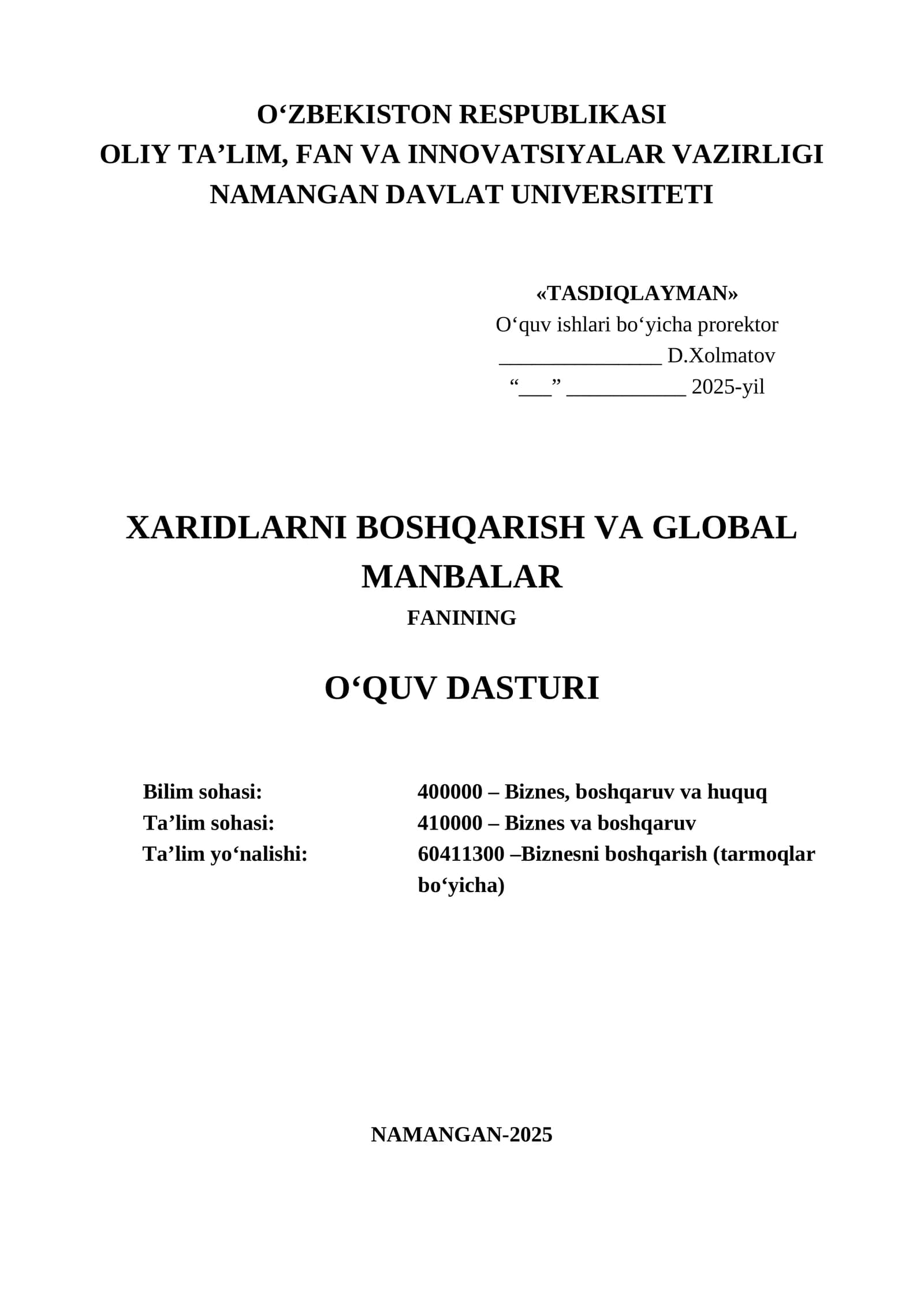 Xaridlarni boshqarish va global manbalar