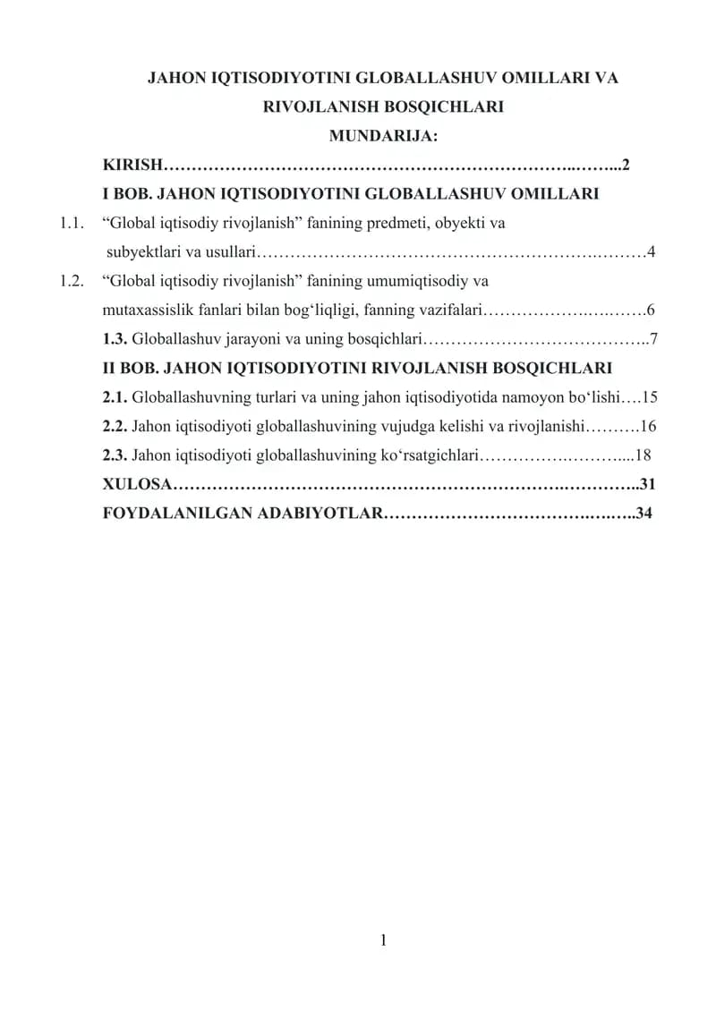 JAHON IQTISODIYOTINI GLOBALLASHUV OMILLARI VA RIVOJLANISH BOSQICHLARI