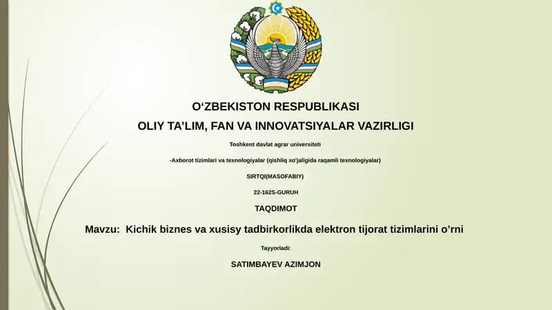 Kichik biznes va xusisy tadbirkorlikda elektron tijorat tizimlarini o’rni