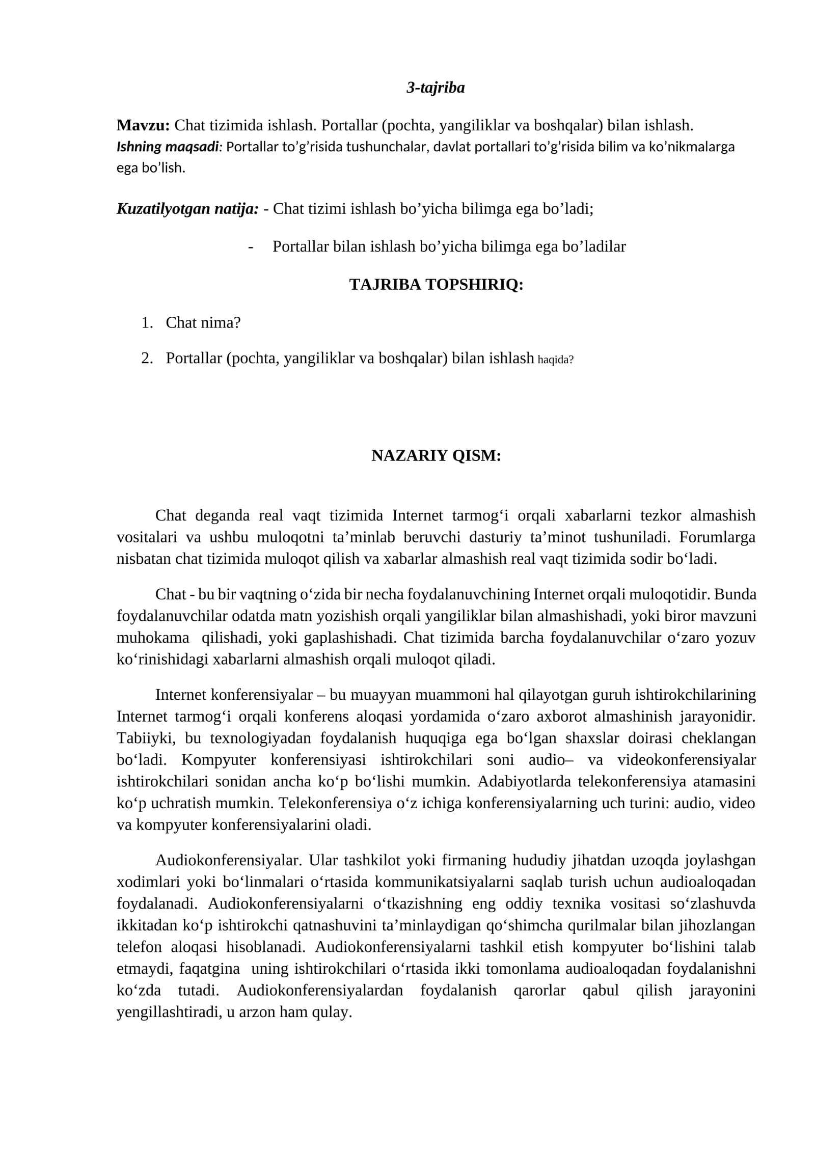 Chat tizimida ishlash. Portallar (pochta, yangiliklar va boshqalar) bilan ishlash