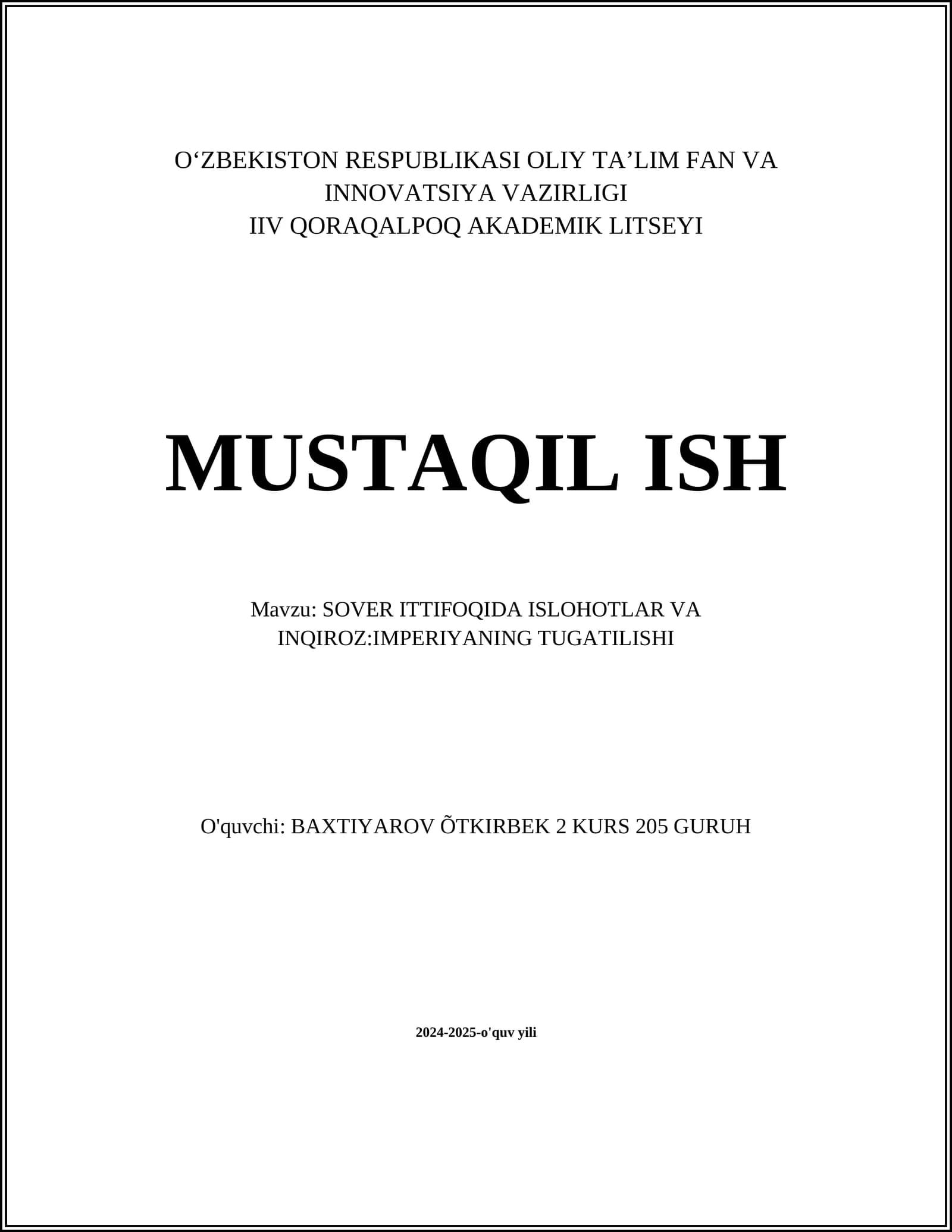 SOVER ITTIFOQIDA ISLOHOTLAR VA INQIROZ:IMPERIYANING TUGATILISHI