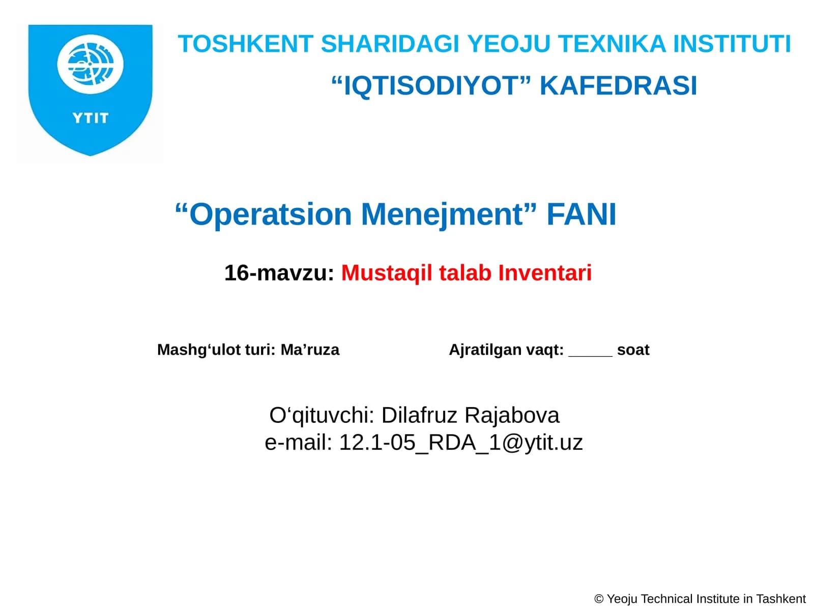 Operatsion Menejment Fanida Mustaqil talab Inventari