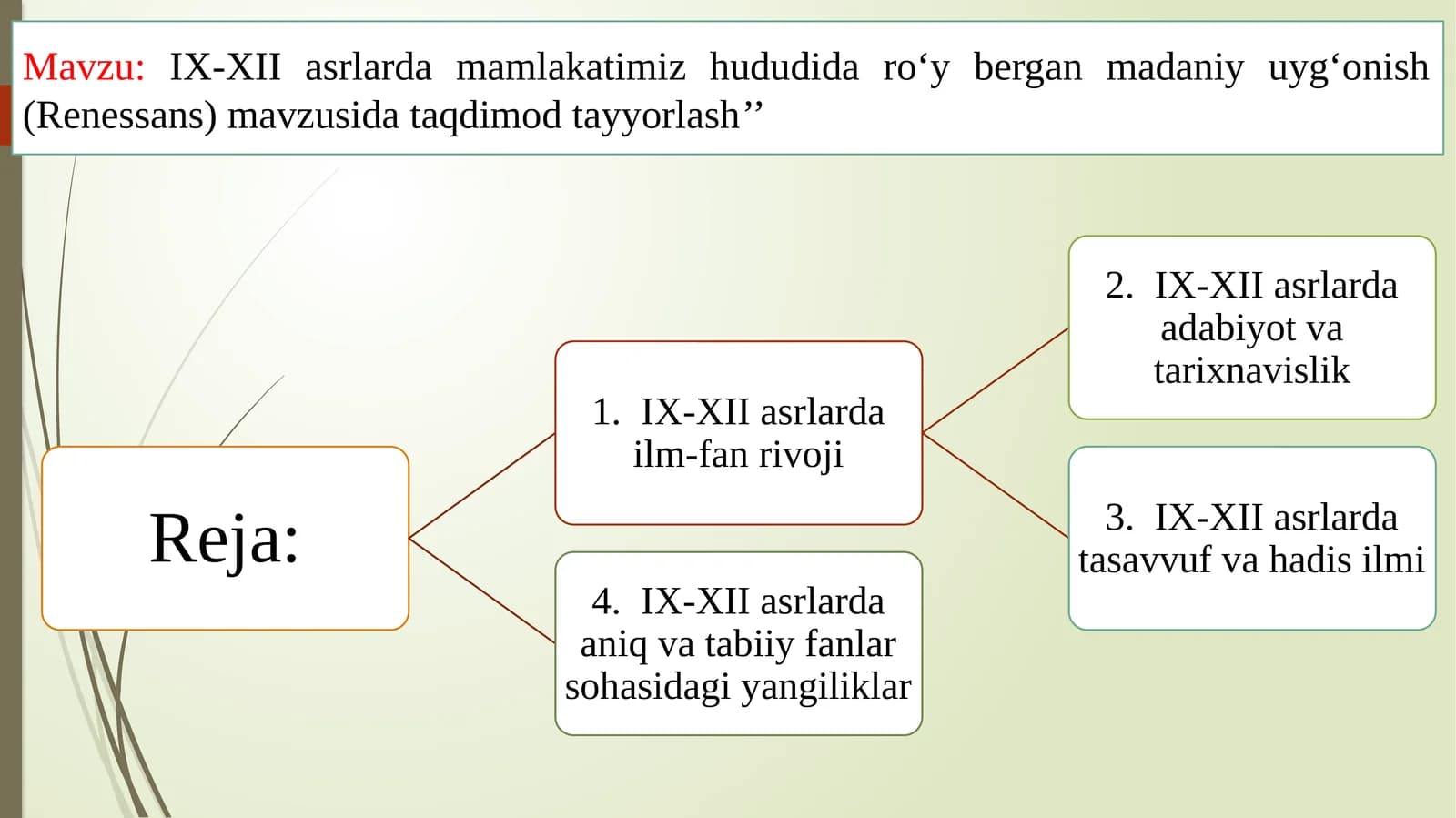 IX-XII asrlardamamlakatimiz hududidaro‘ybergan madaniy uyg‘onish (Renessans) mavzusi dataqdimotlar tayyorlash’’