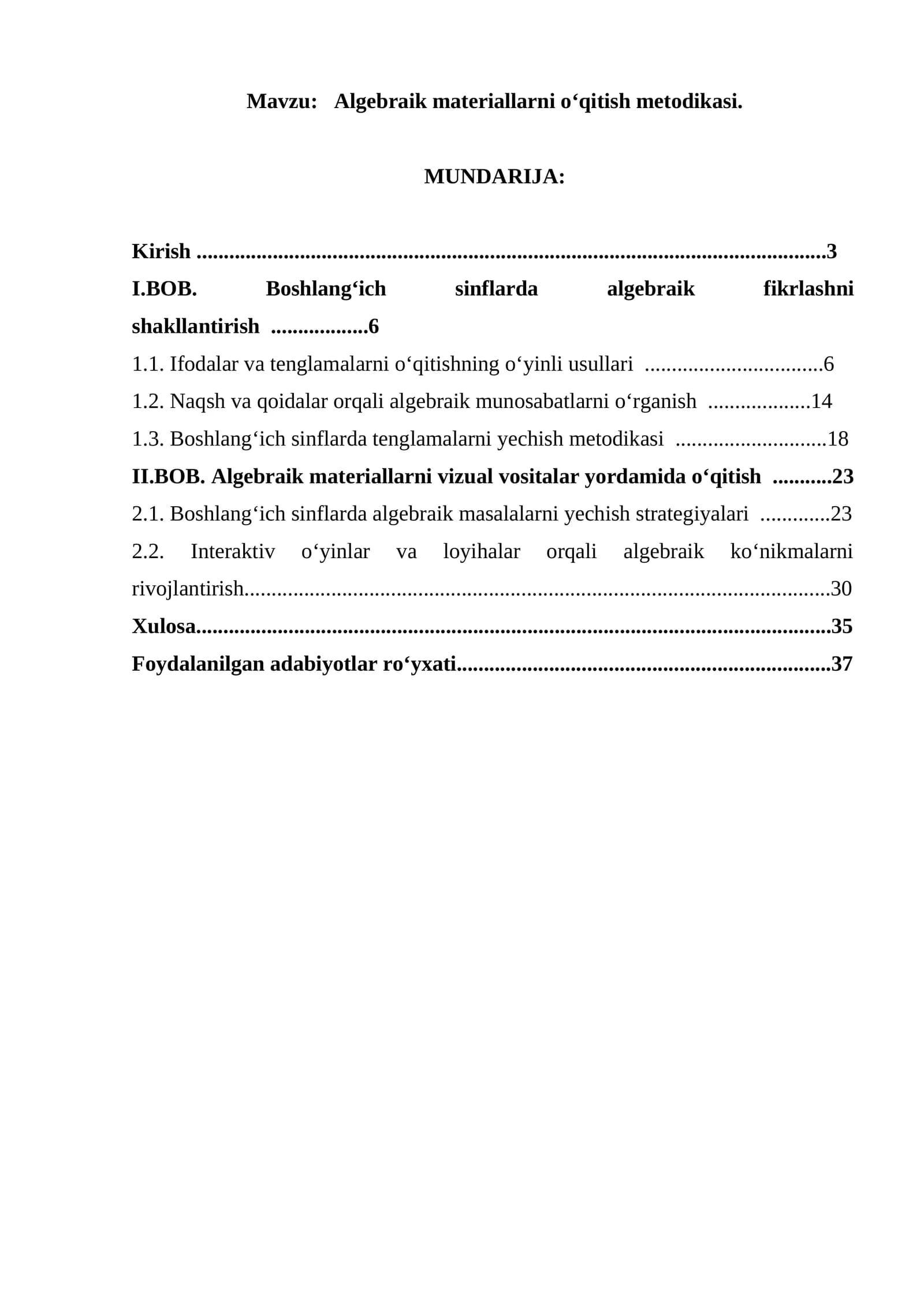 Algebraik materiallarni o‘qitish metodikasi