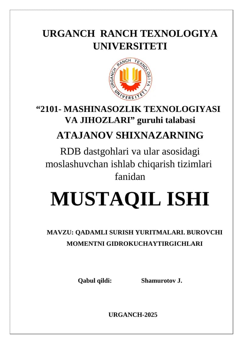 QADAMLI SURISH YURITMALARI. BUROVCHI MOMENTNI GIDROKUCHAYTIRGICHLARI