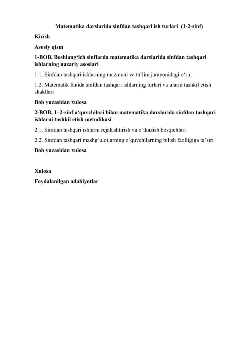 Matematika darslarida sinfdan tashqari ish turlari  (1-2-sinf)