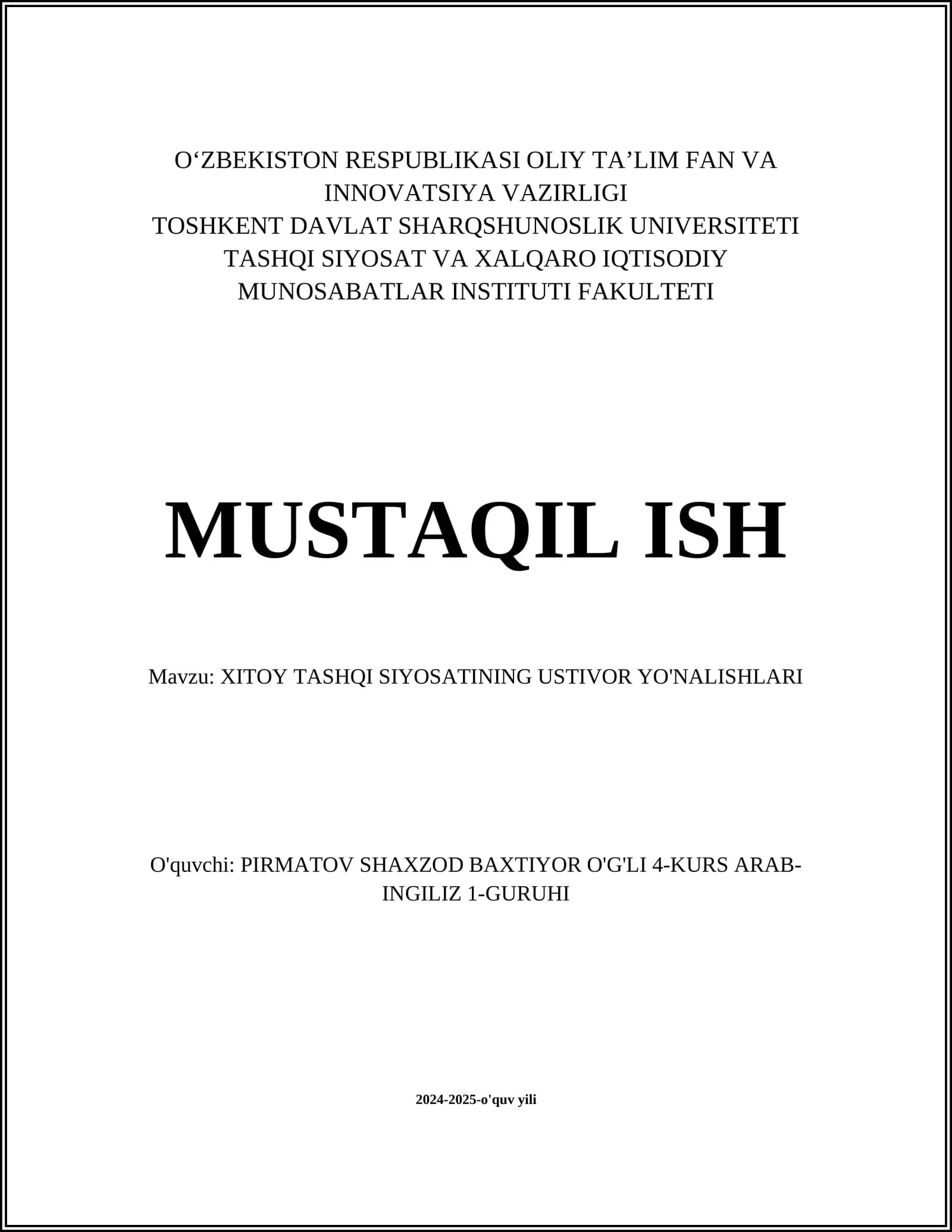 XITOY TASHQI SIYOSATINING USTIVOR YO'NALISHLARI