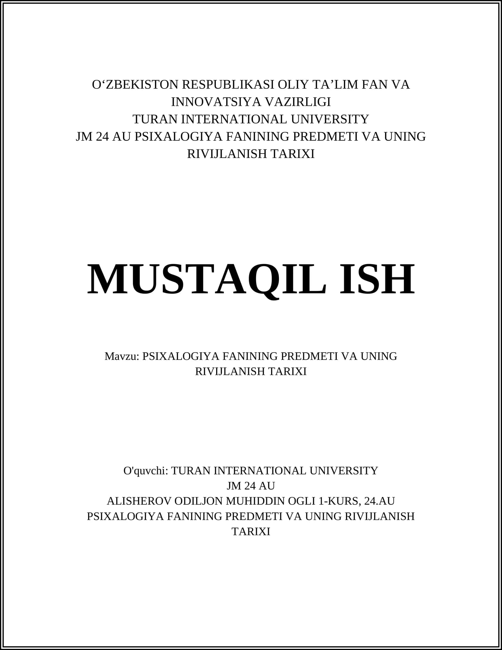 JM 24 AU PSIXALOGIYA FANINING PREDMETI VA UNING RIVIJLANISH TARIXI