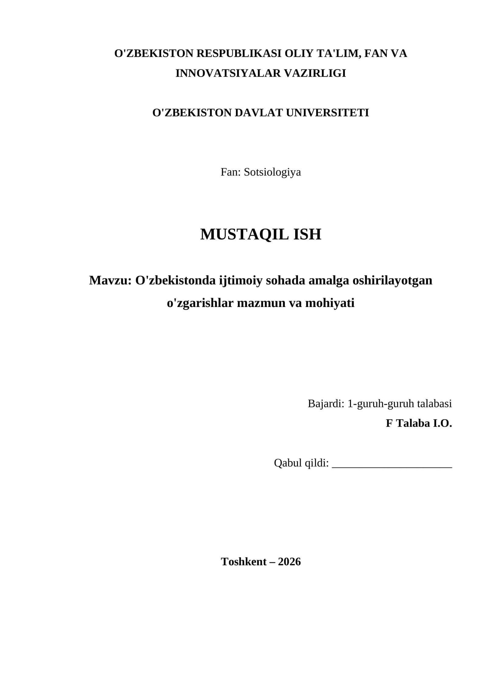 O'zbekistonda ijtimoiy sohada amalga oshirilayotgan o'zgarishlar mazmun va mohiyati