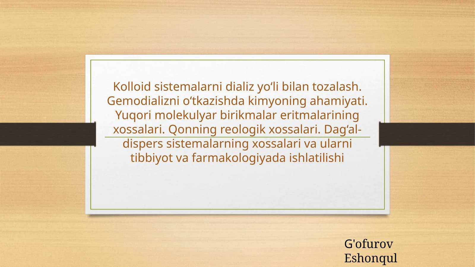 Kolloidsistemalarnidializyo‘libilantozalash.Gemodializnio‘tkazishdakimyoningahamiyati.Yuqorimolekulyarbirikmalareritmalariningxossalari.Qonningreologikxossalari.Dag‘al-disperssistemalarningxossalarivaularnitibbiyotvafarmakologiyadaishlatilishi