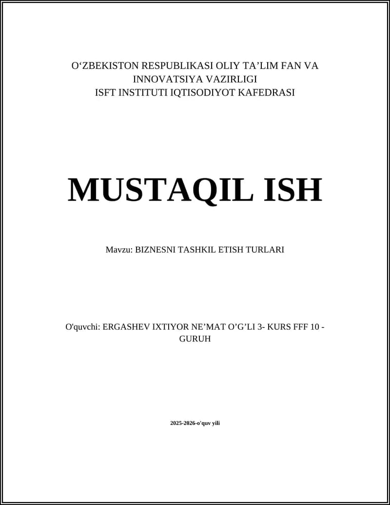 BIZNESNI TASHKIL ETISH TURLARI