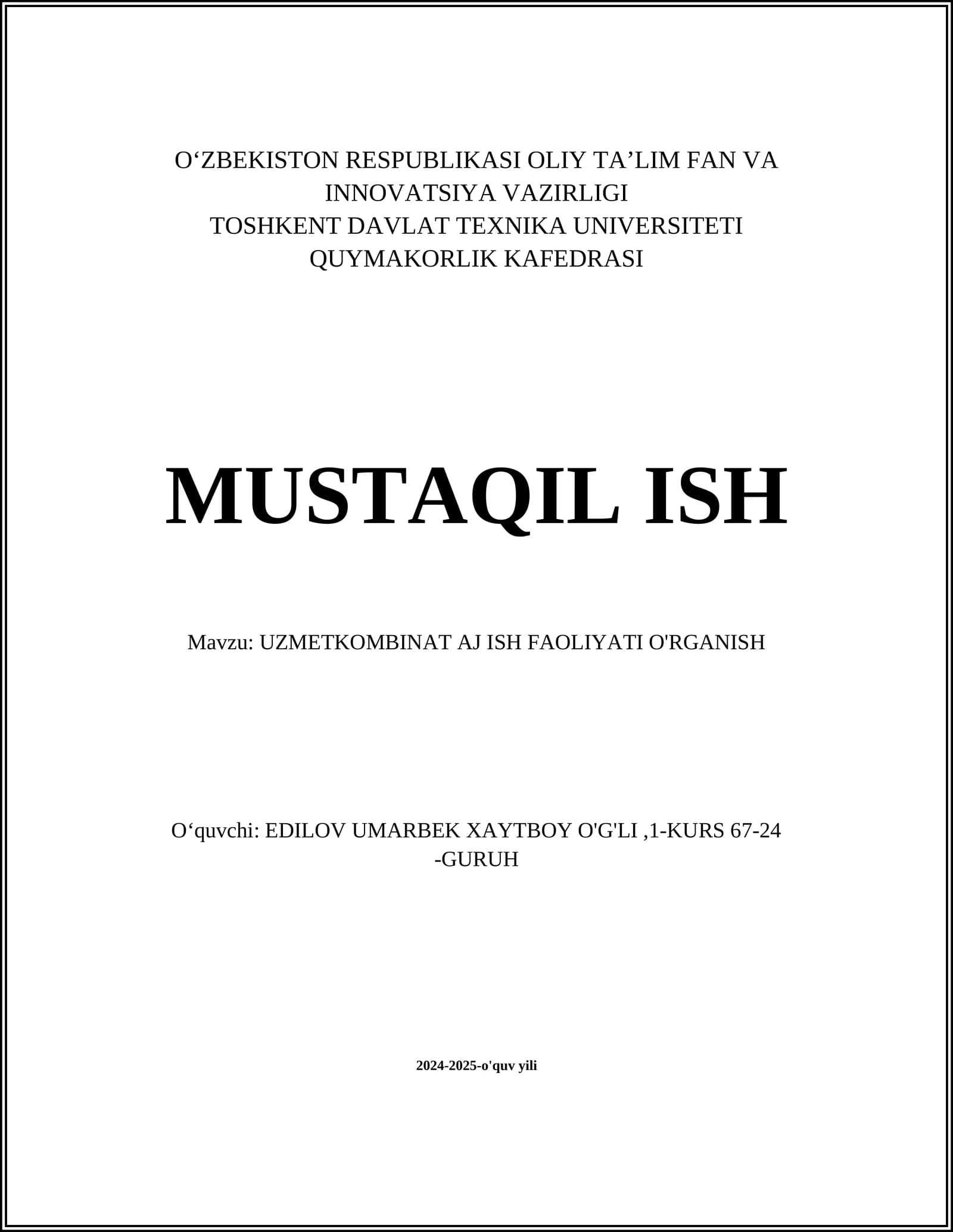 UZMETKOMBINAT AJ ISH FAOLIYATI O'RGANISH