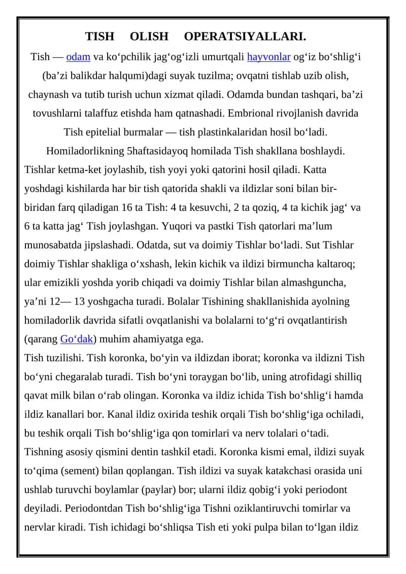 TISH OLISH OPERATSIYALLARI