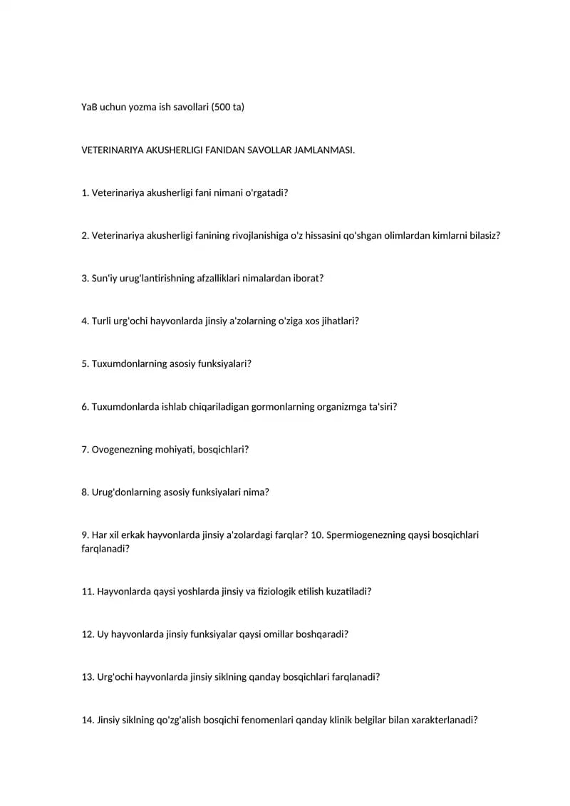 Veterinariya akusherligi fanidagi savollar