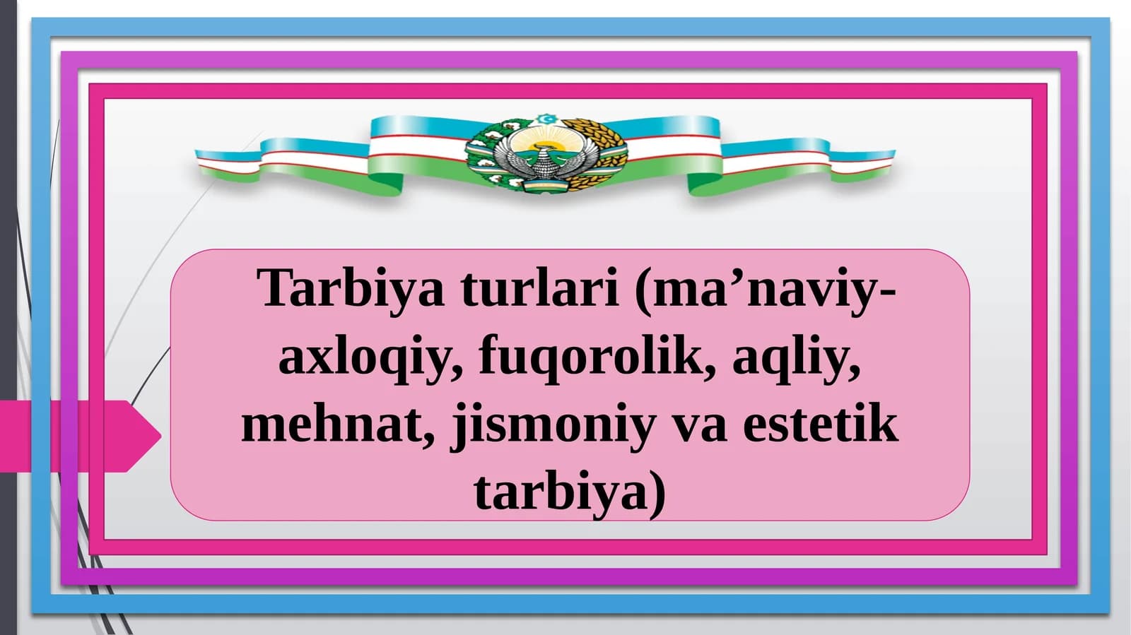Tarbiyaturlari(ma’naviy-axloqiy,fuqorolik,aqliy,mehnat,jismoniyvaestetiktarbiya)