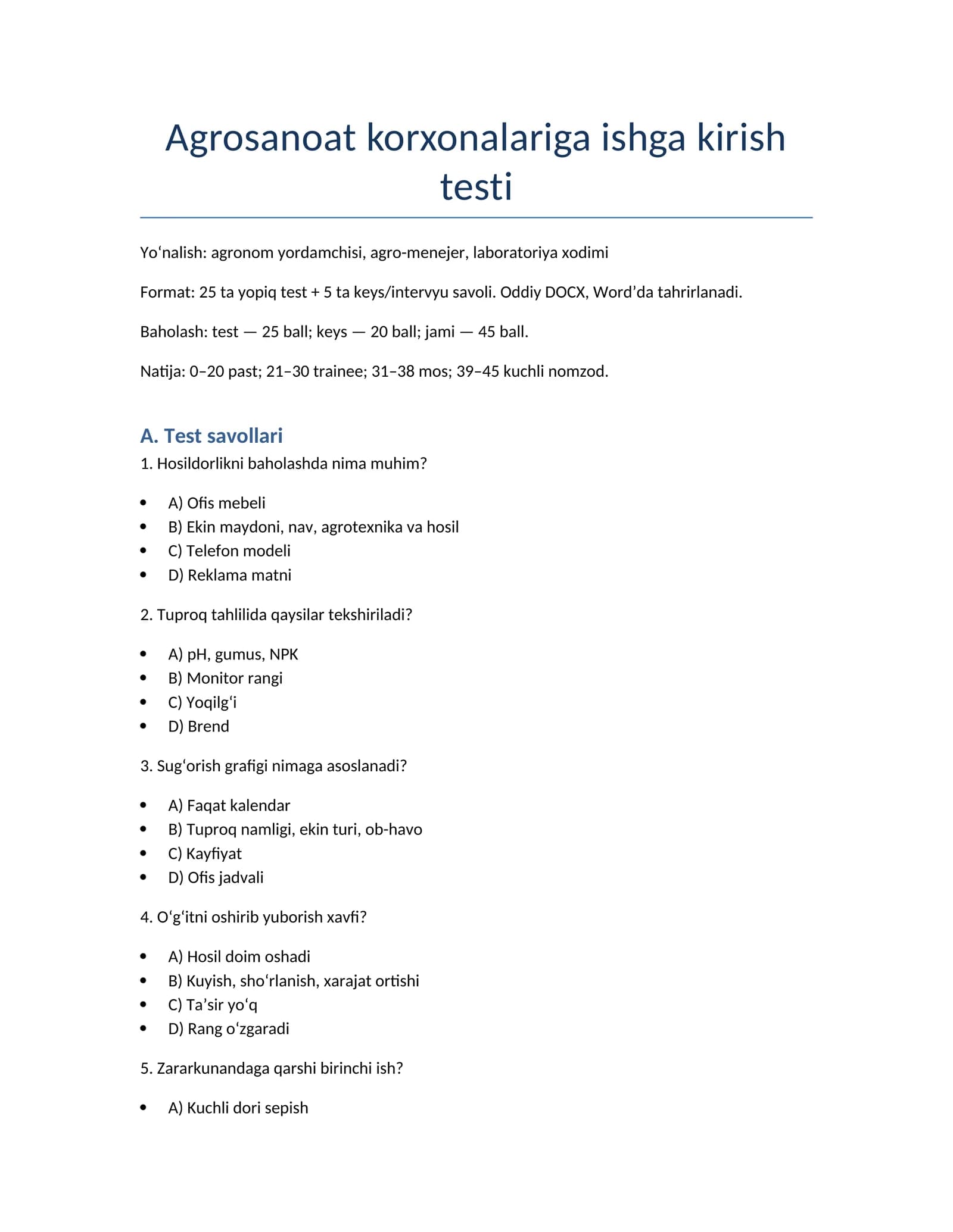 Agrosanoat korxonalariga ishga kirish testi