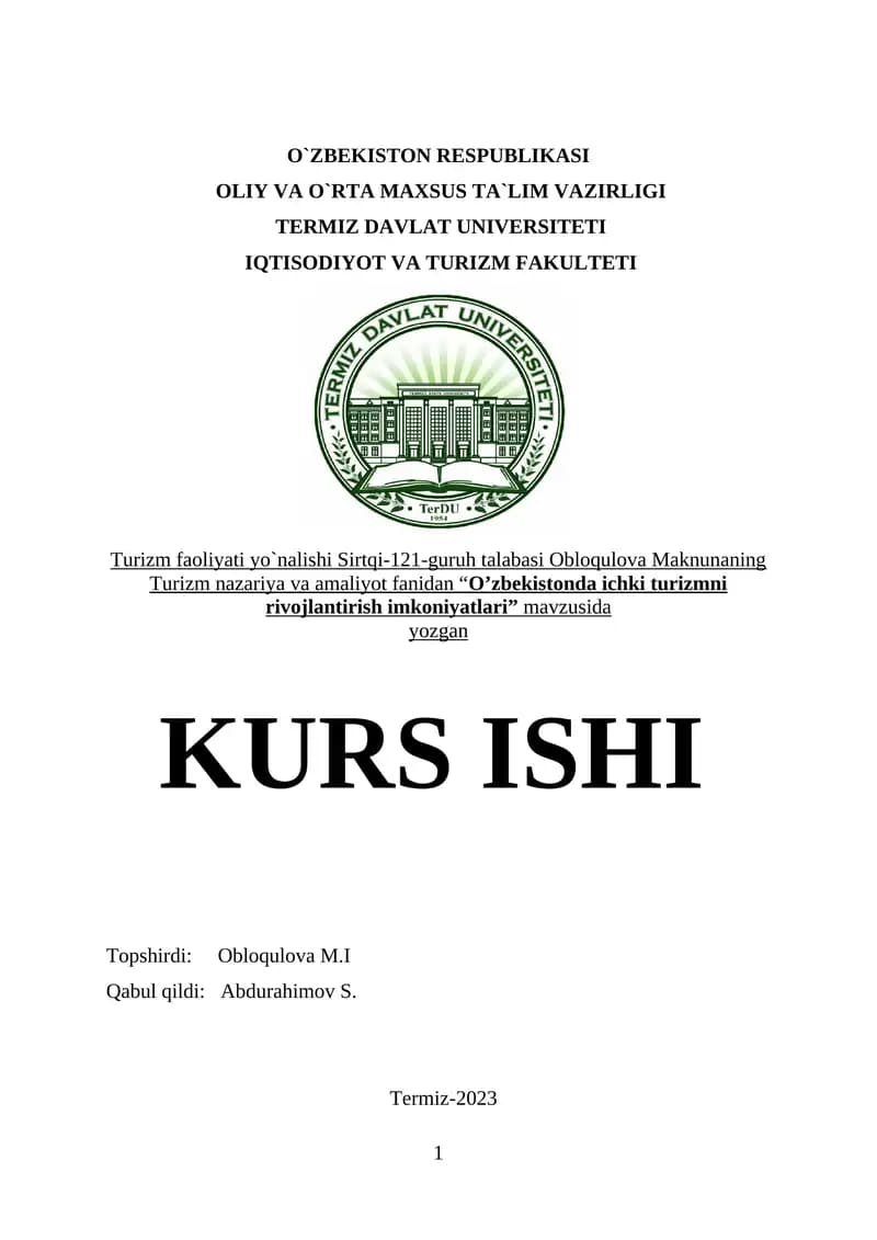 O`zbekistonda ichki turizmni rivojlantirish imkoniyatlari