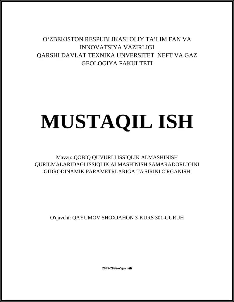 Qo‘biq quvurli issiqlik almashinish qurilmalaridagi issiqlik almashinish samaradorligini gidrodinamik parametrlariga ta'siri
