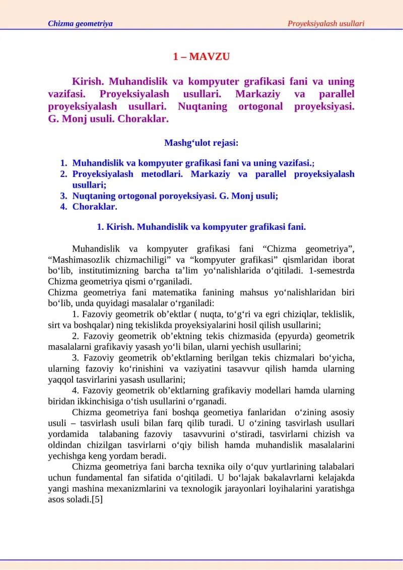 Chizma geometriyaProyeksiyalash usullari