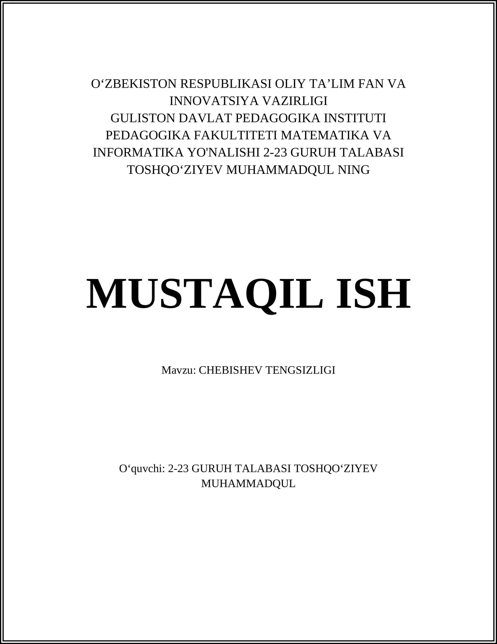 CHEBISHEV TENGSIZLIGI