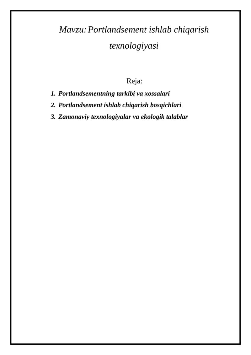 Portlandsement ishlab chiqarish texnologiyasi