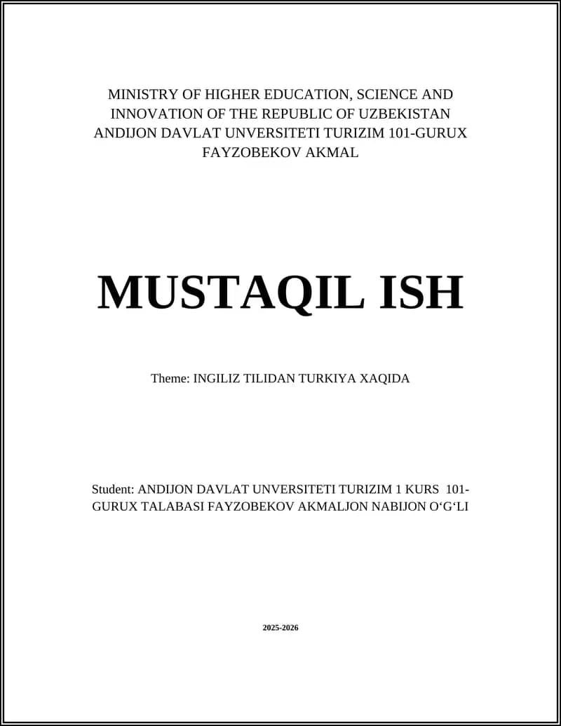 INGILIZ TILIDAN TURKIYA XAQIDA