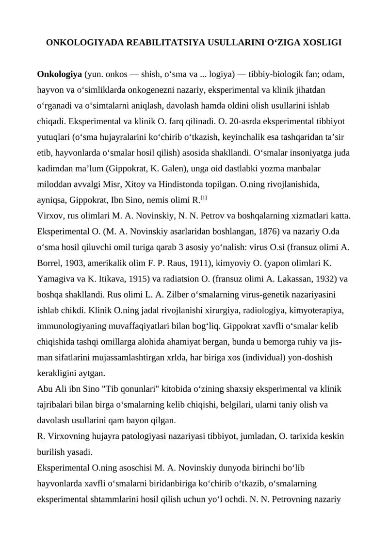 ONKOLOGIYADA REABILITATSIYA USULLARINI O‘ZIGA XOSLIGI