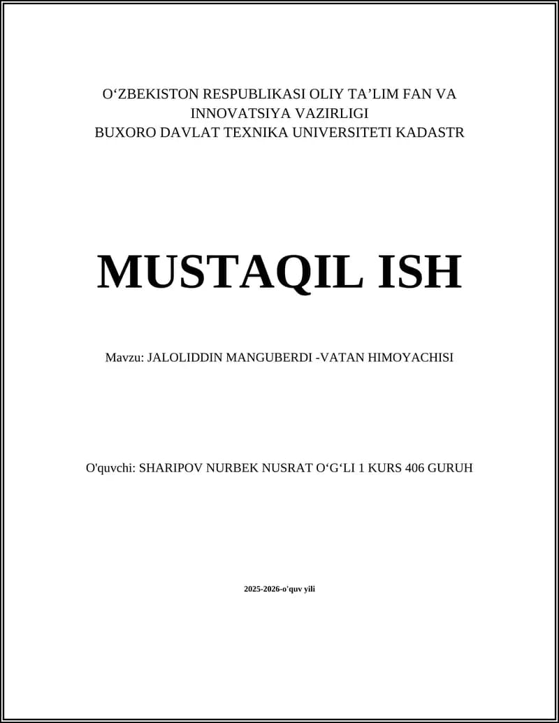 JALOLIDDIN MANGUBERDI -VATAN HIMOYACHISI