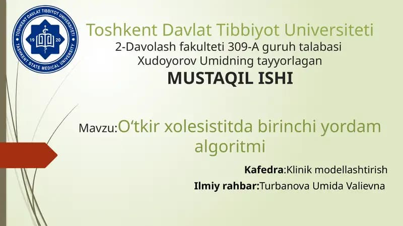 O'tkir xolesistitda birinchi yordam algoritmi
